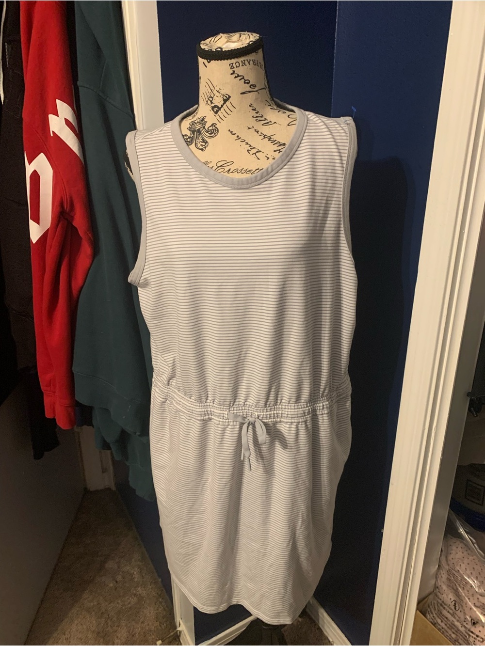 Sleeveless White & Light Gray Striped Drawstring Waist Dress
